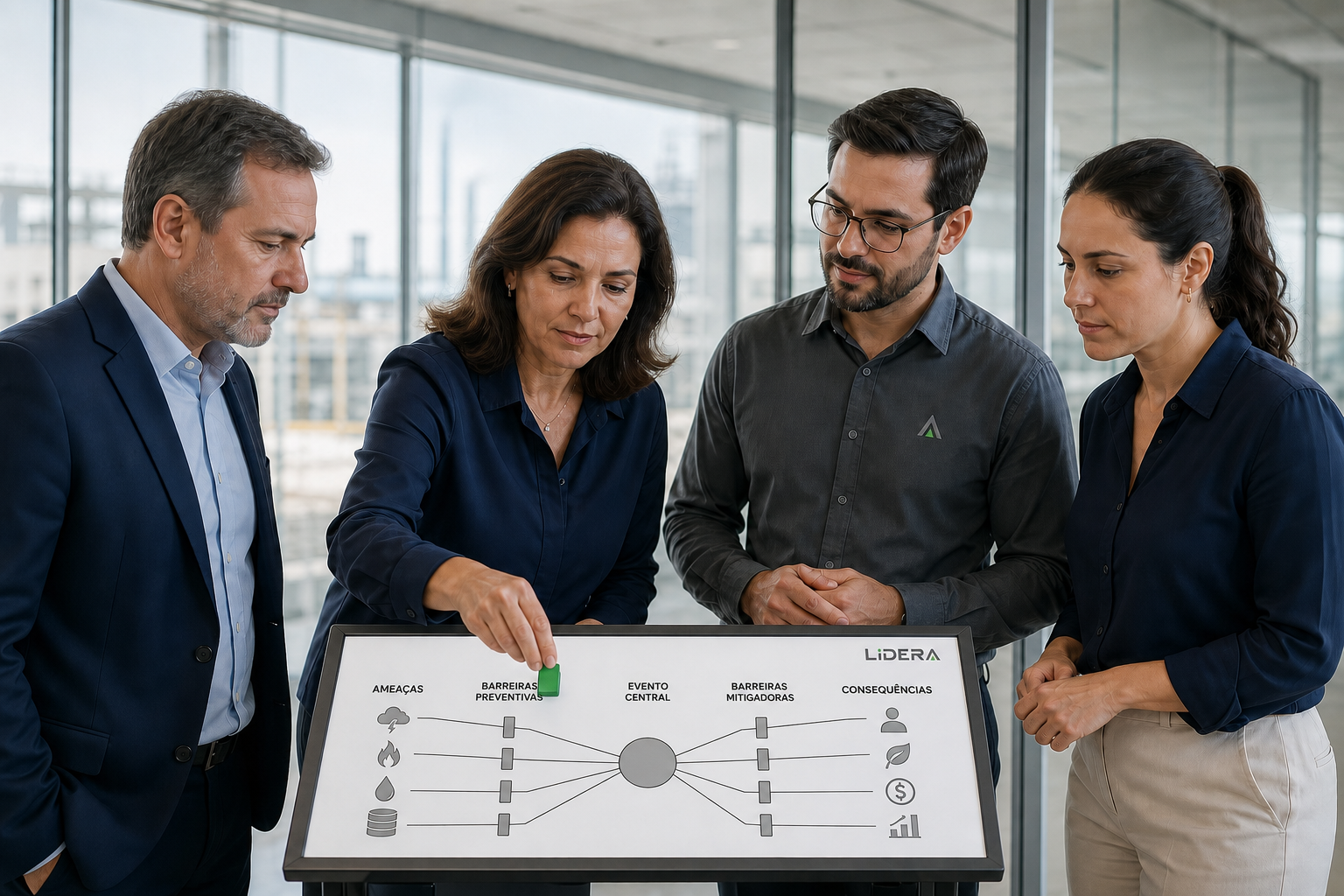 Liderança cliente posiciona uma barreira preventiva em um diagrama Bow Tie com as etapas de ameaças, prevenção, evento central, mitigação e consequências