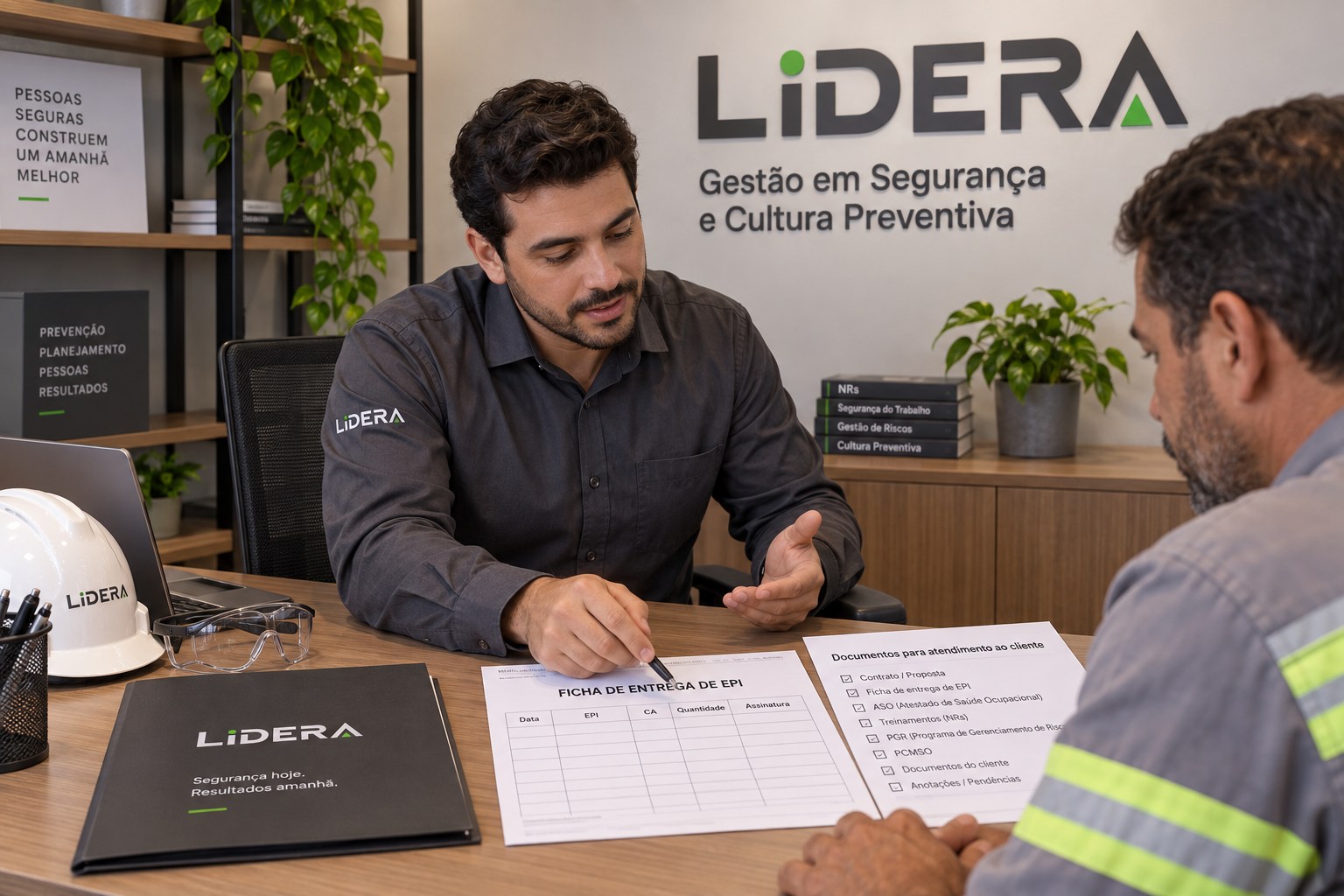 Consultor LIDERA orienta MEI da construção civil sobre ficha de EPI e documentos.