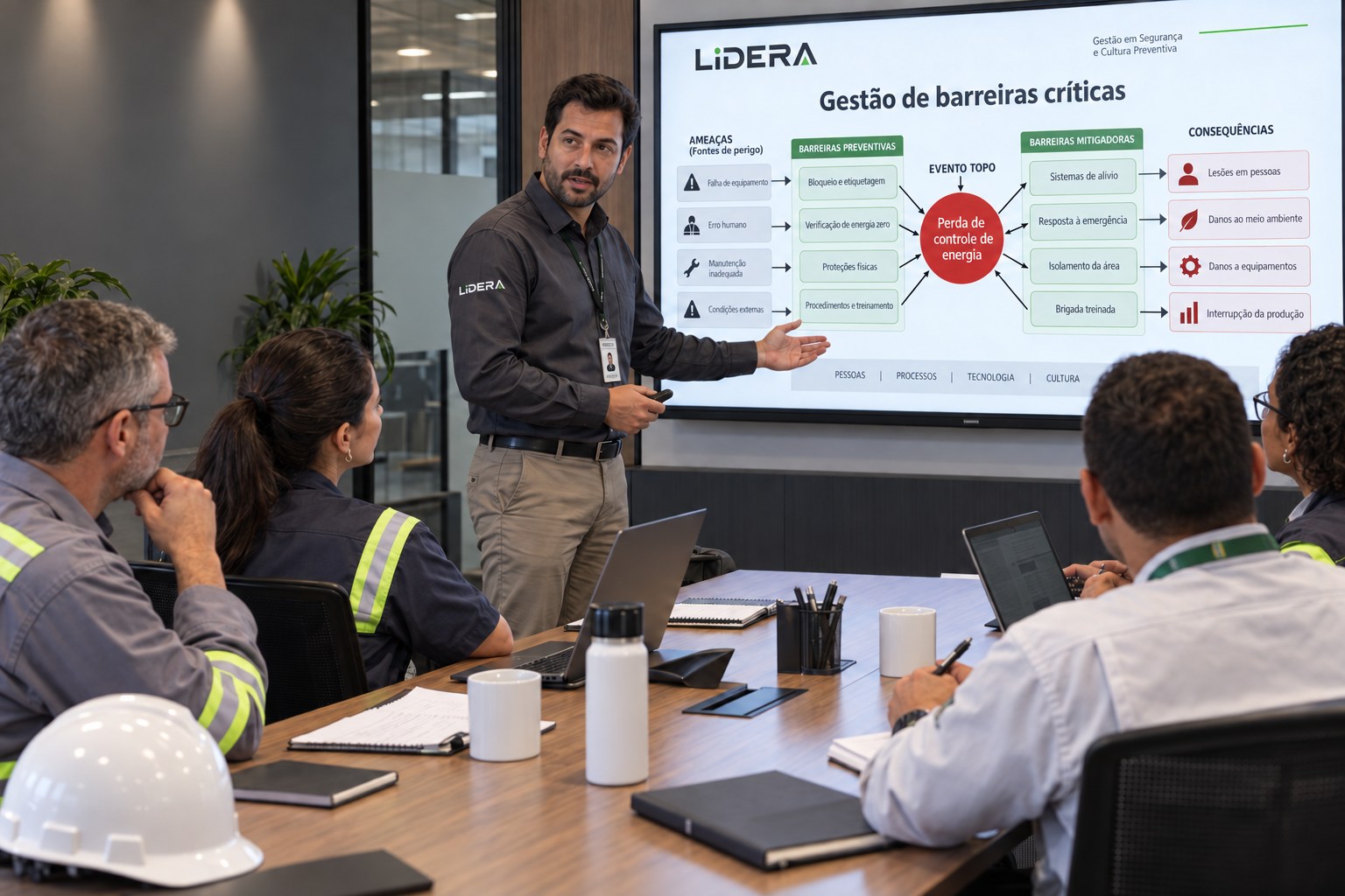 Lideranças de diferentes níveis participam de reunião com consultor LIDERA sobre Bow Tie.