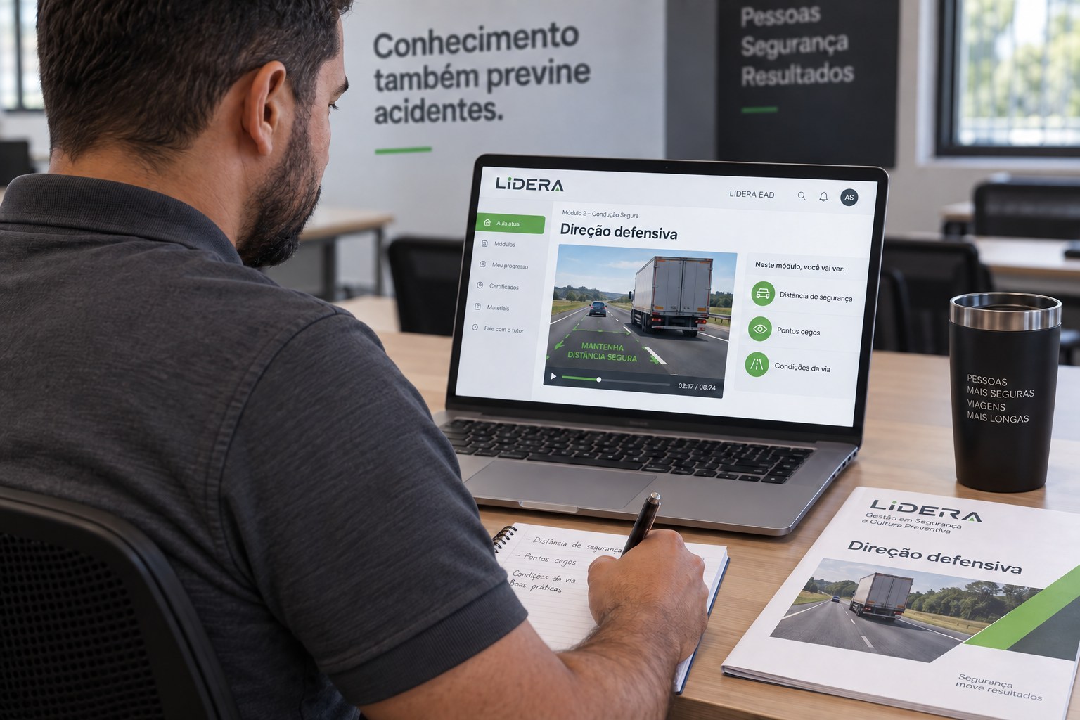 Colaborador de logística acompanha uma vídeo-aula de direção defensiva.